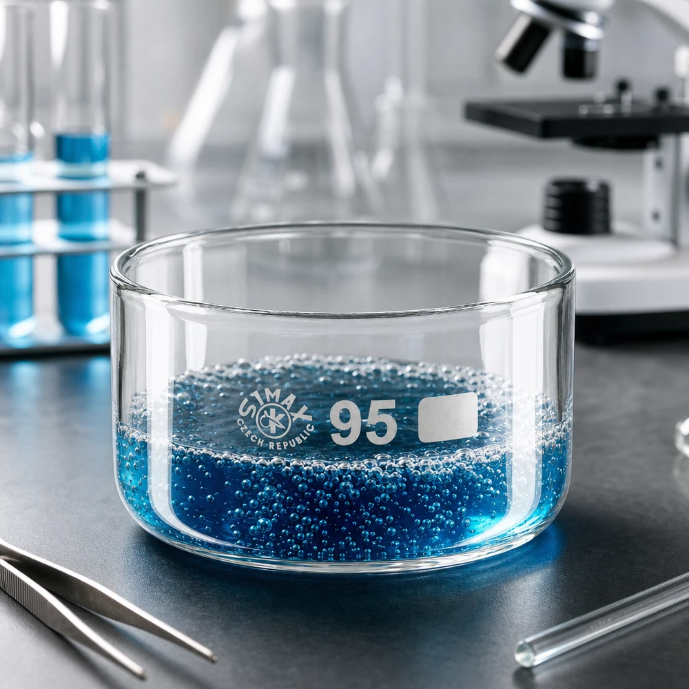 Cuve de cristallisation Simax 300 ml, solution bleue avec perles, montage de laboratoire, microscope, pince de laboratoire
