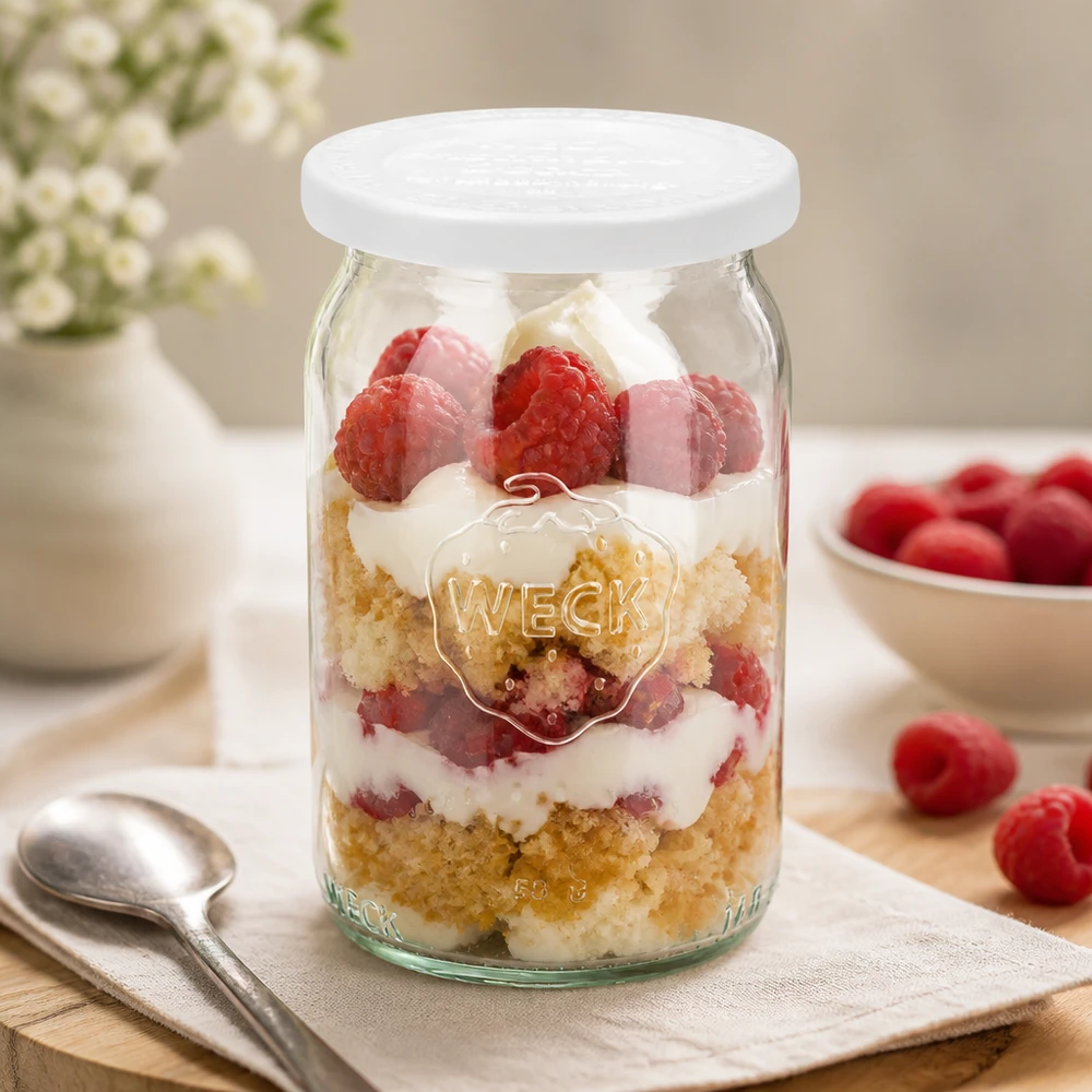 145ml bocal cylindrique avec couvercle fraîcheur WECK RR40 WECK RR40 Verre cylindrique 145ml avec dessert stratifié aux framboises et à la crème comme verre à petit-déjeuner sur fond clair