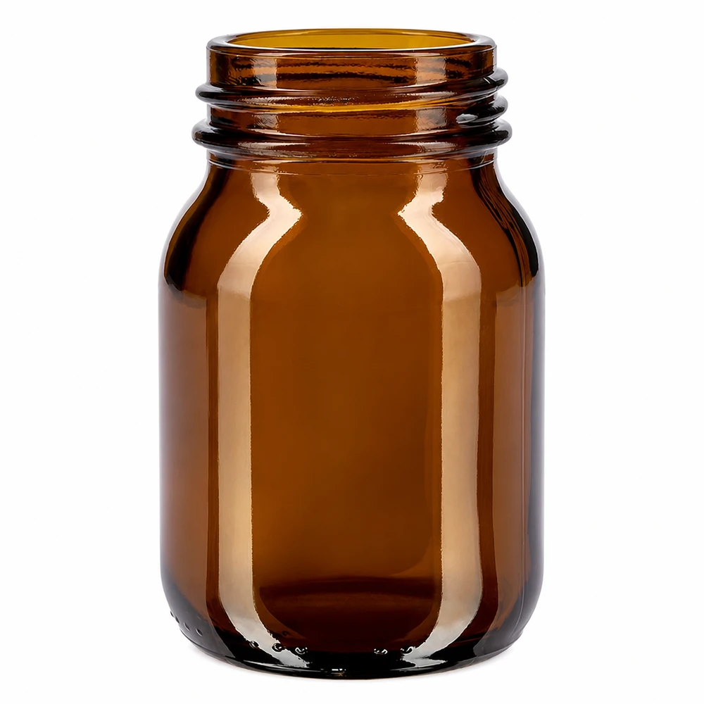 Bocal à col large en verre ambré 75 ml, goulot DIN 40, sans couvercle Bouteille à col large de 75 ml en verre ambré avec filetage DIN 40 pour applications pharmaceutiques