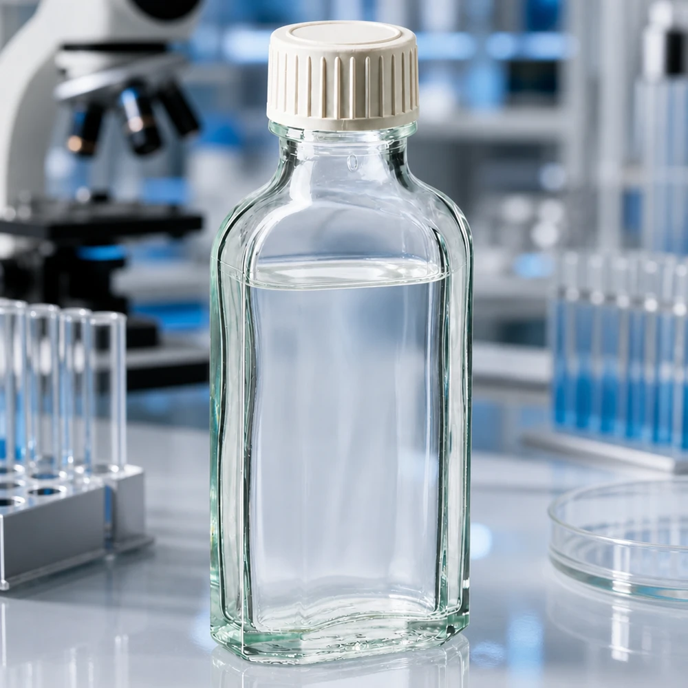 Flacon Meplat transparent de 50 ml avec bouchon à vis blanc et insert en mousse PE, destiné à un usage en laboratoire