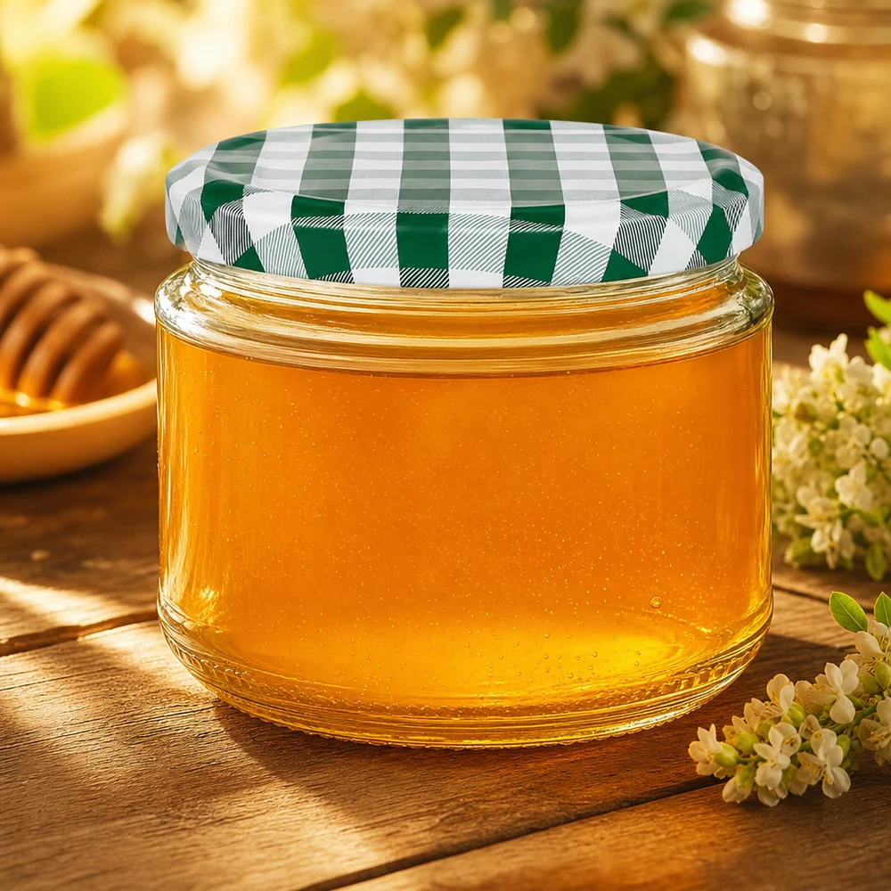 330ml Verre rond avec couvercle BasicSeal vert/blanc UNiTWIST Pot rond de 330 ml rempli de miel, couvercle BasicSeal vert et blanc, pot de miel sur table en bois décoré de fleurs