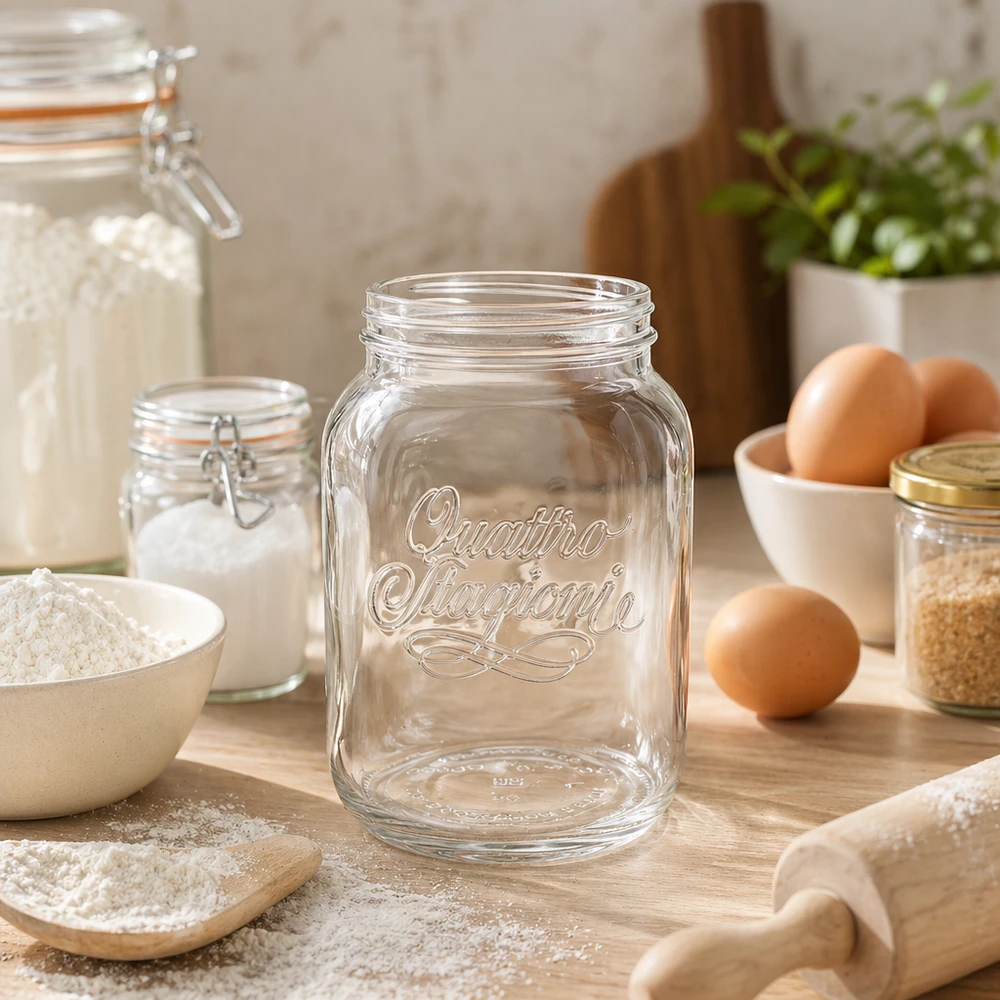 3000ml Verre rond "Quattro Stagioni" QS110mm Quattro Stagioni Verre de ménage 3000ml transparent sur table en bois avec ustensiles de cuisine Œufs et farine