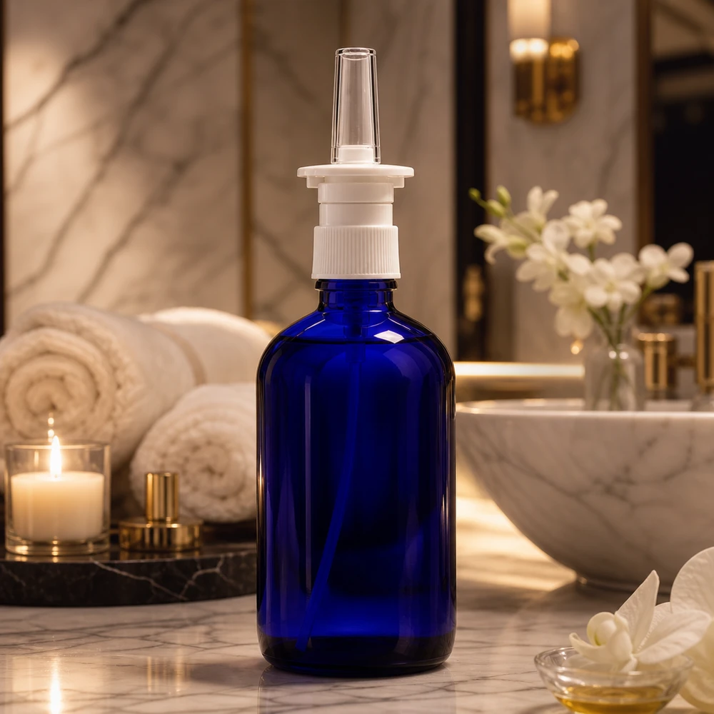 Flacon de pharmacie bleu 100ml vaporisateur nasal blanc standard Flacon en verre bleu cobalt de 100 ml muni d'un embout vaporisateur nasal, présenté dans une élégante salle de bains de luxe avec sol en marbre