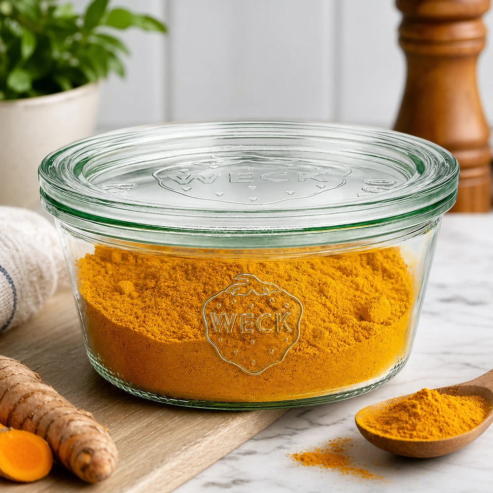 Bocal WECK RR100 de 290 ml, à bord évasé et couvercle en verre WECK Pot de 290ml RR100 rempli de poudre de curcuma comme boîte à épices à côté de la racine de curcuma fraîche et d'une cuillère en bois