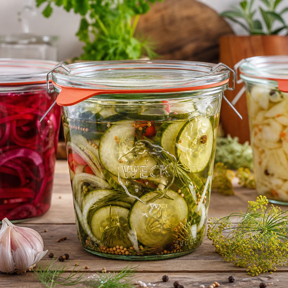 290ml bocal conique haut complet WECK RR80 WECK Pot renversé 290ml RR80 avec cornichons marinés et épices à côté d'autres bocaux sur une surface en bois