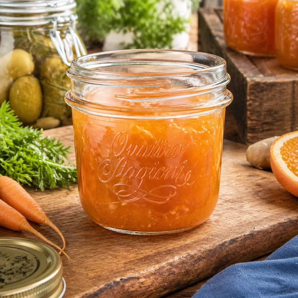 200ml Quattro Stagioni Pot de confiture orange sur planche en bois à côté de carottes et de concombres