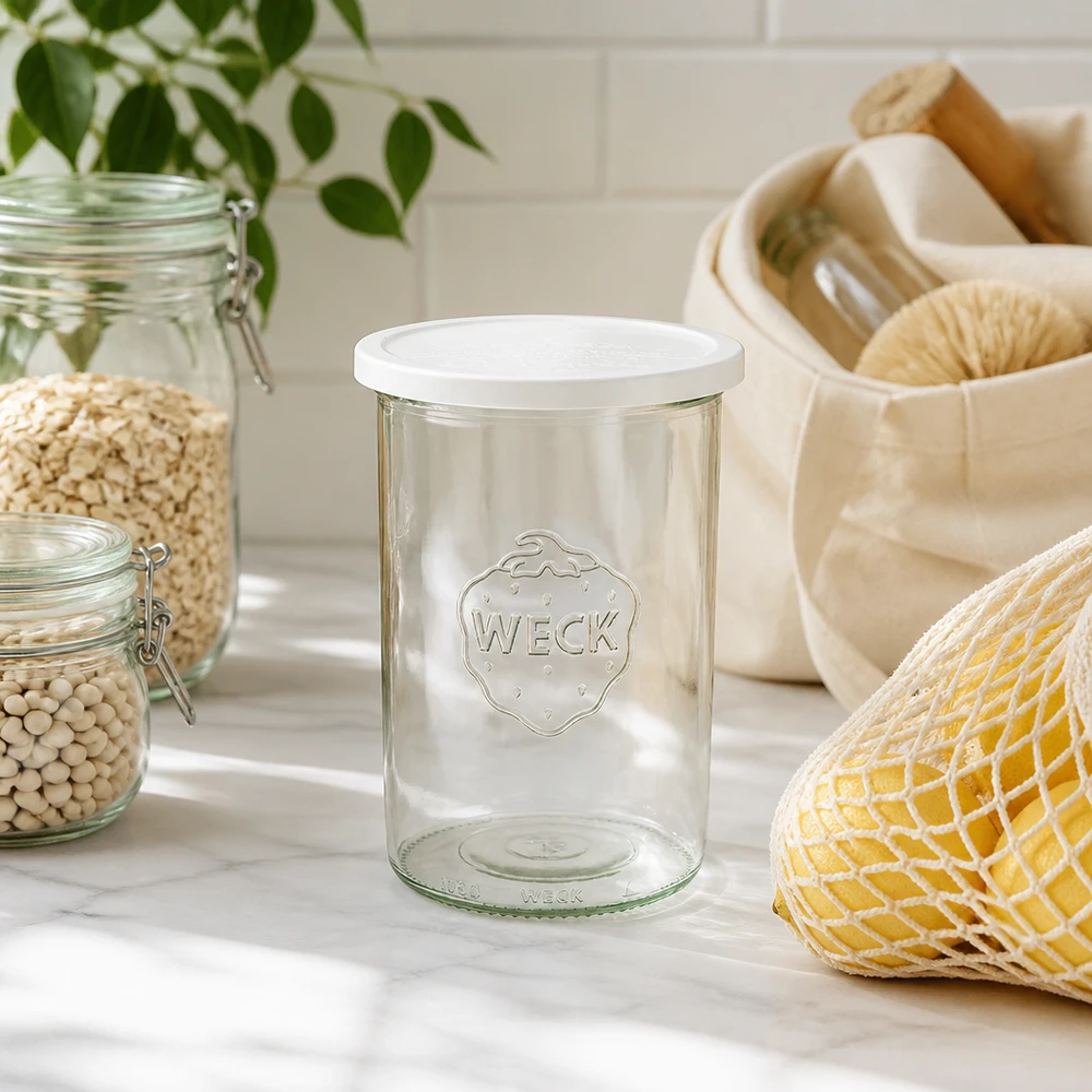 WECK Pot de 1000ml RR100 dans un environnement de cuisine naturel avec des ustensiles de conservation et des plantes durables