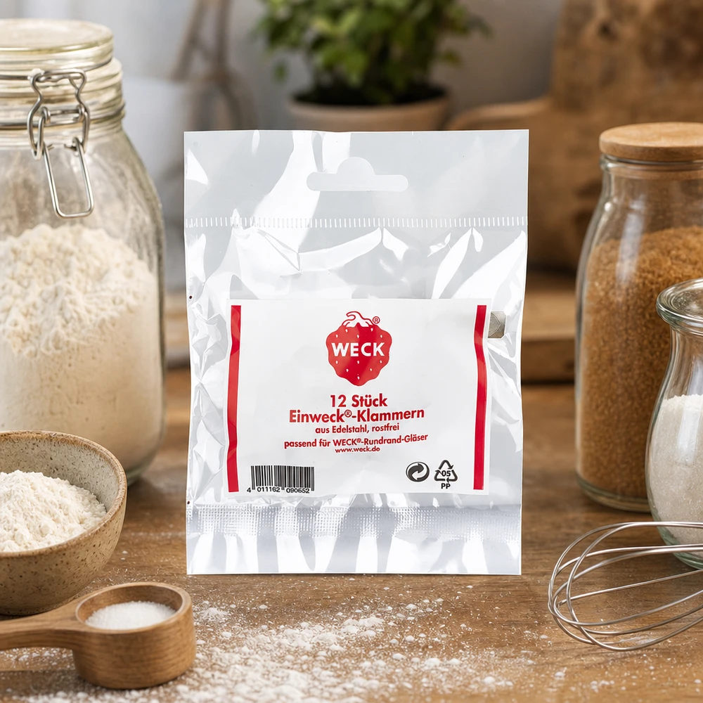 12x attache pour conserve WECK WECK Agrafes Emballage en cuisine naturelle avec bocaux de stockage farine épices et ustensiles de cuisine Lifestyle