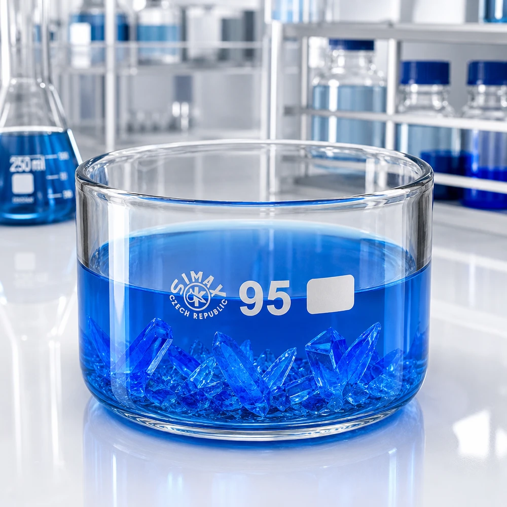 Cristaux bleus dans un bac de cristallisation Simax de 300 ml et 95 mm – Expérience de cristallisation en laboratoire