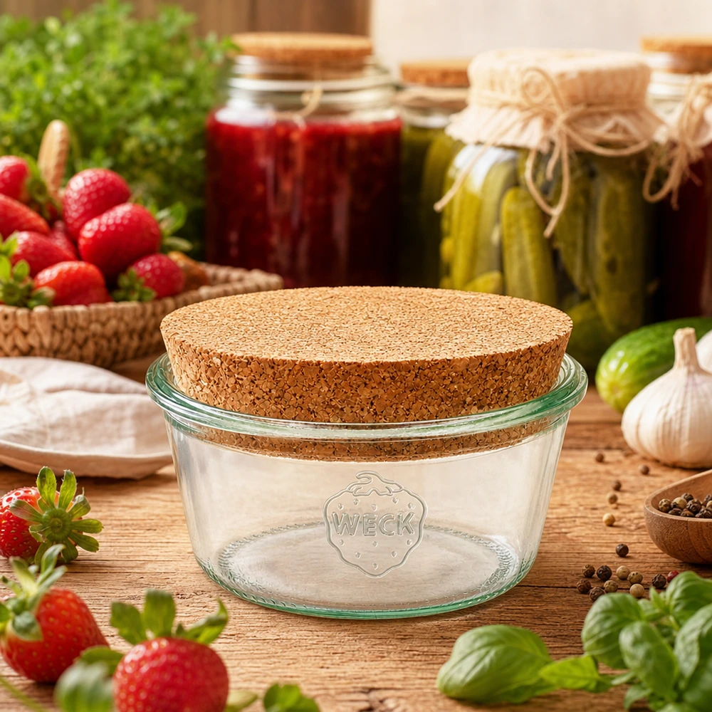290ml bocal conique faible WECK RR80 avec bouchon nature WECK Pot de conserve 290ml avec couvercle en liège dans une cuisine rustique entourée de fraises et de légumes frais