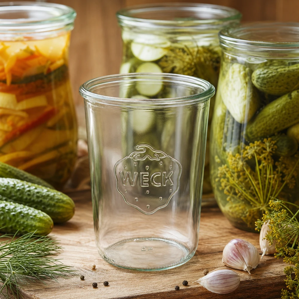 850ml bocal conique WECK RR100 Pot renversé vide WECK RR100 de 850 ml devant des cornichons et des légumes marinés dans des bocaux de conservation remplis sur un fond en bois