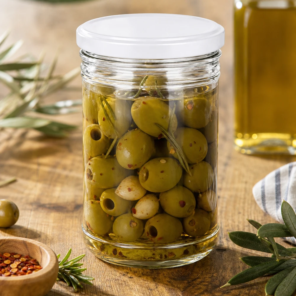 1053ml verre renversé rempli d'olives montre Méditerranée utilisation BasicSeal couvercle blanc bocal pour antipasti