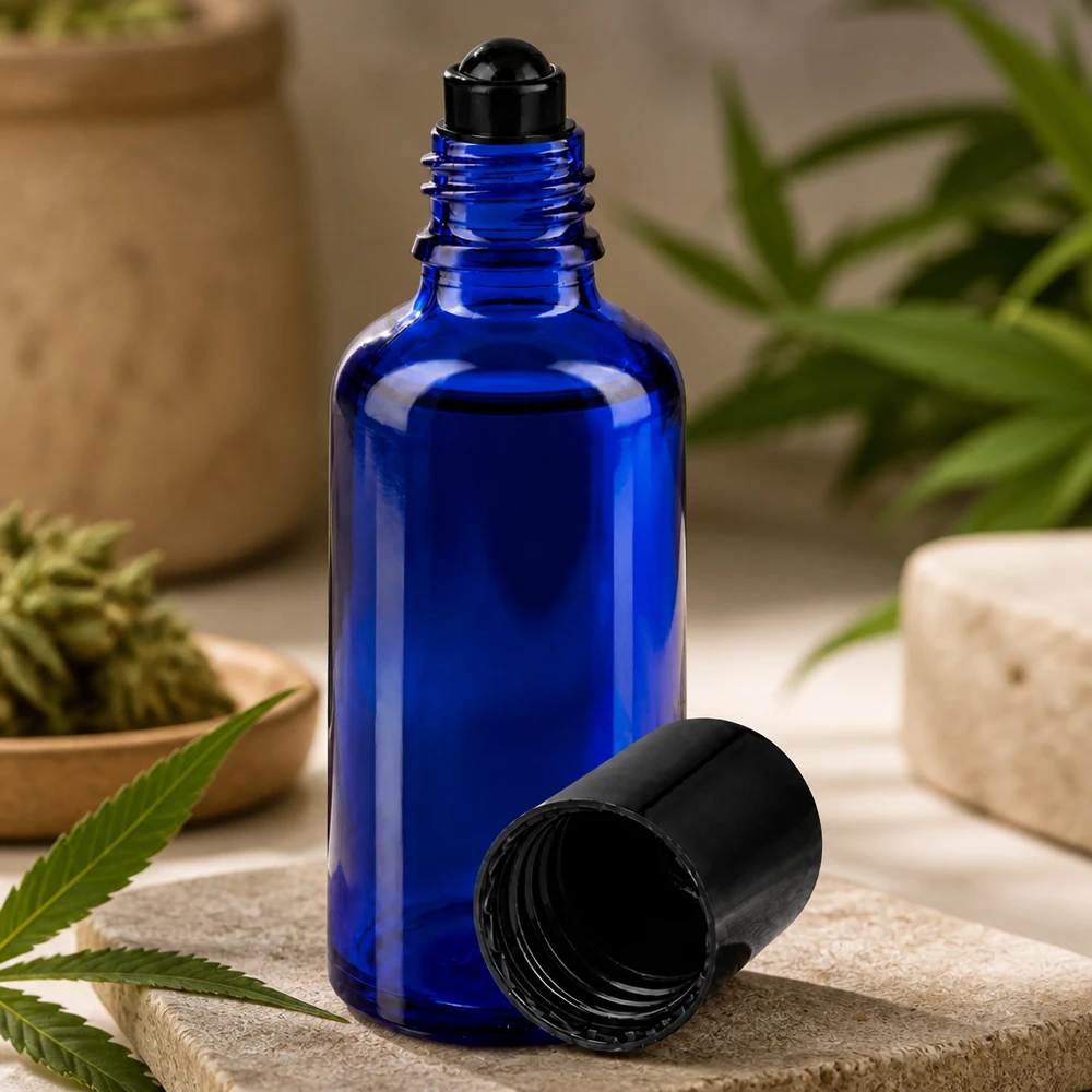 Flacon de déodorant en verre bleu 50 ml, déo à bille vide Flacon roll-on bleu cobalt de 50 ml avec bille noire, pour huiles essentielles et produits au CBD