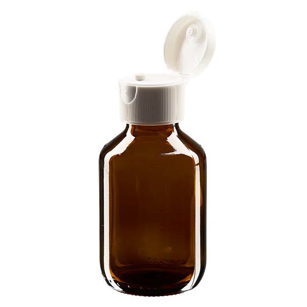 Flacon médical de 100 ml avec couvercle blanc à charnière Flacon médical de 100 ml avec couvercle blanc à charnière