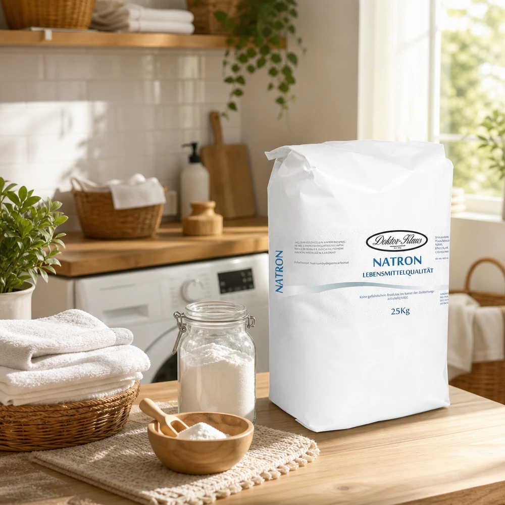 Grand sac de 25 kg de bicarbonate de soude en poudre dans une cuisine moderne avec du bicarbonate de soude naturel