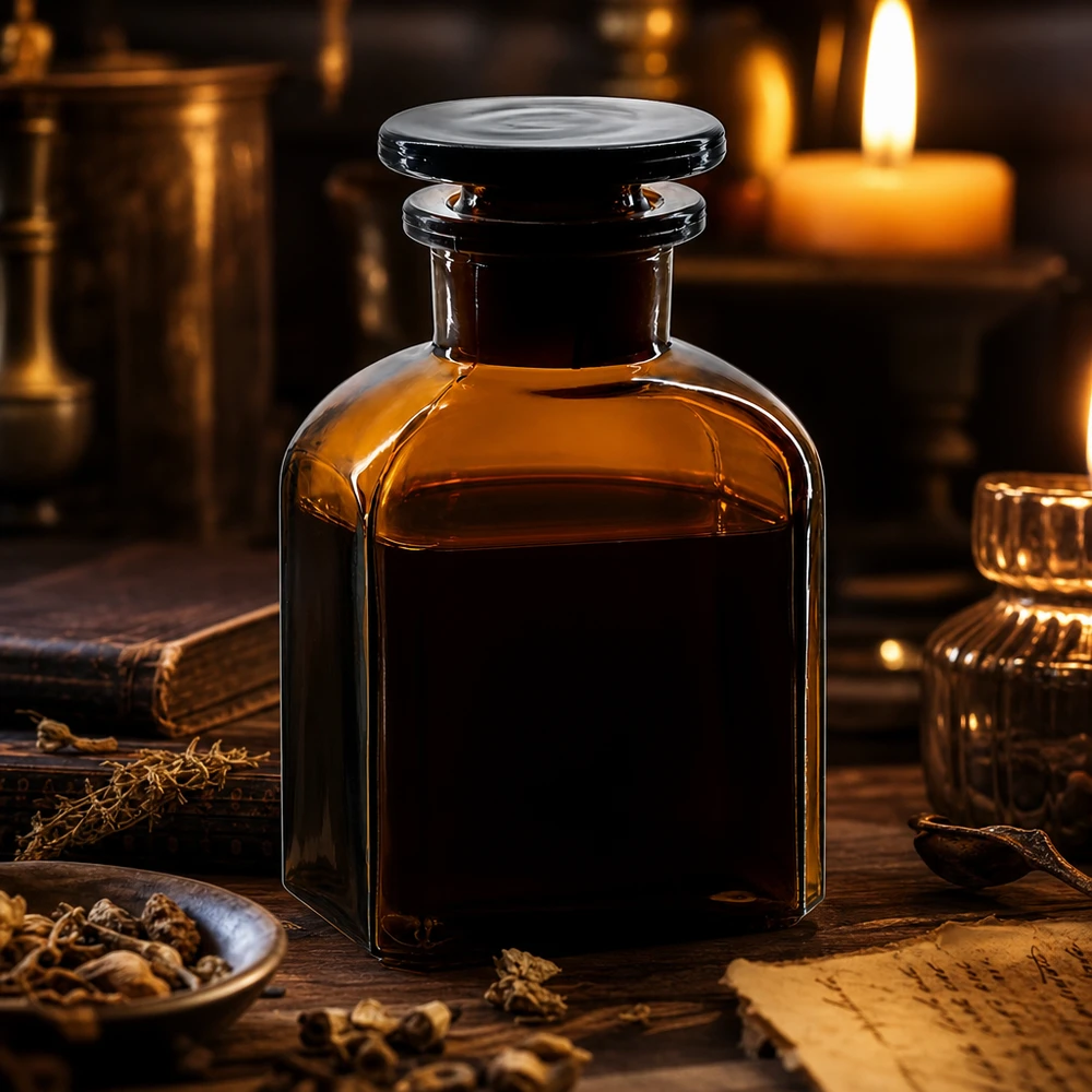Flacon carré col large 150 ml + bouchon RIN, verre ambré Flacon de pharmacie carré en verre ambré de 150 ml, à col large et bouchon en verre, à la lueur des bougies