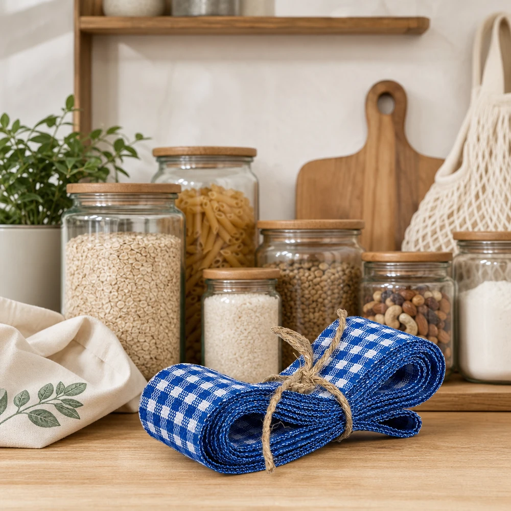 Bande de tissu à carreaux bleu blanc 300cm avec corde de jute sur comptoir en bois entre les bocaux à provisions et les ustensiles de cuisine
