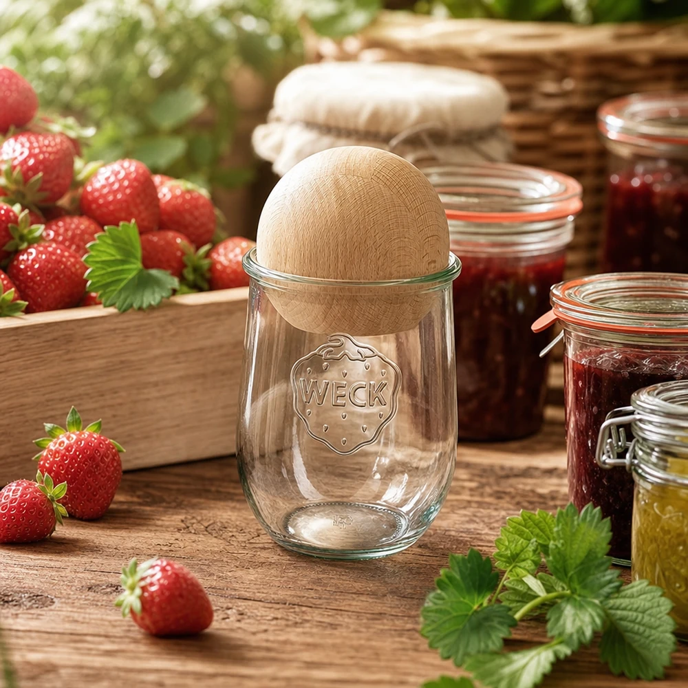 WECK Pot de conservation 1062ml RR100 avec couvercle en bois lors de la mise en conserve de confiture de fraises dans une cuisine rustique