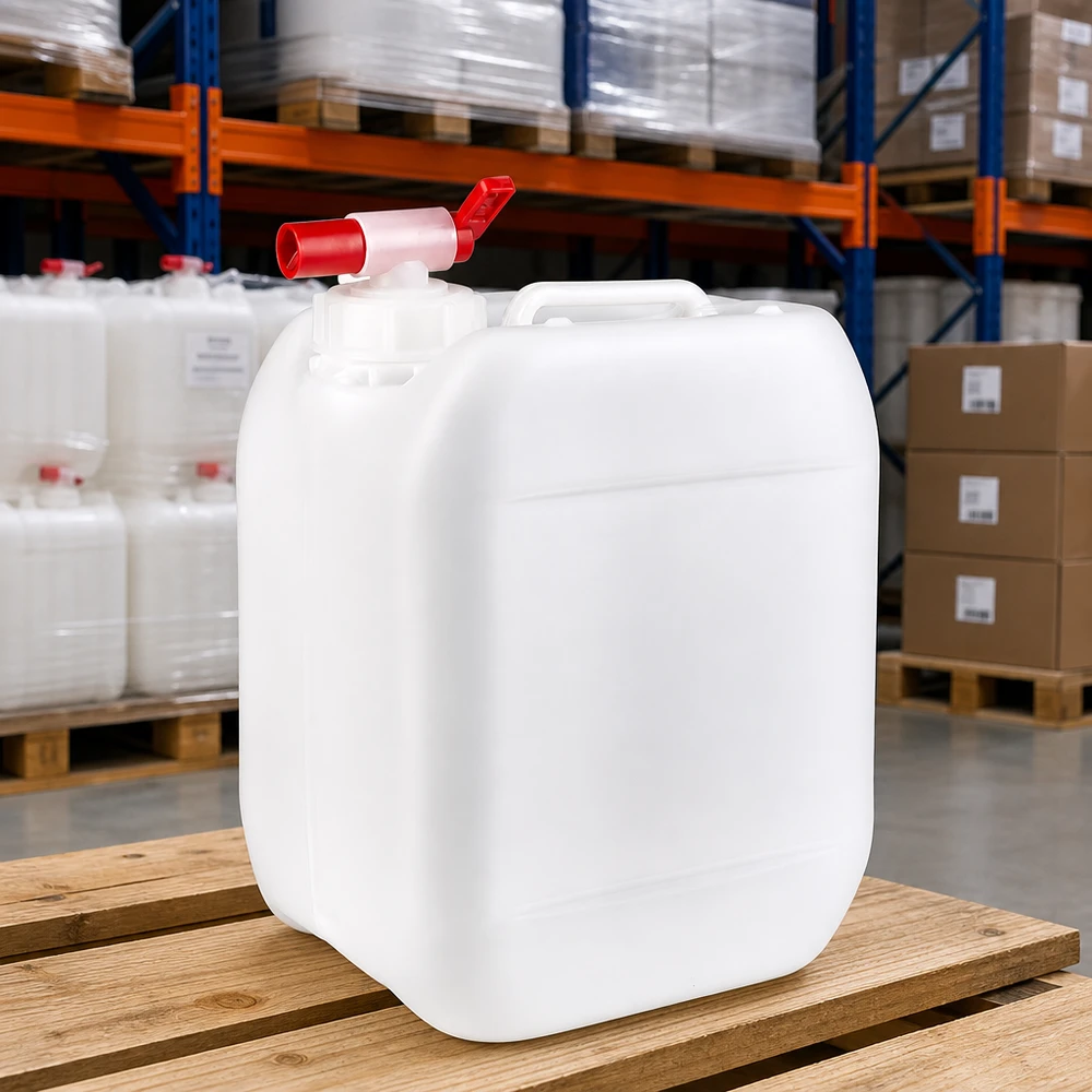 Bidon empilable en plastique blanc de 5 litres, muni d'un robinet rouge, sur une palette en bois, en stock