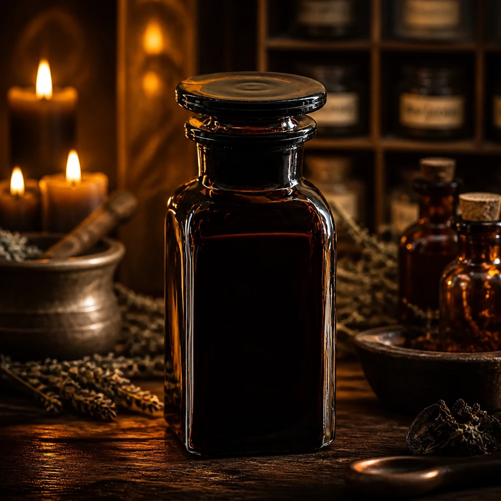 Flacon carré col large 100 ml + bouchon RIN, verre ambré Flacon de pharmacie de 100 ml en verre brun, de forme angulaire, muni d'un bouchon plat en verre, à la lueur d'une bougie