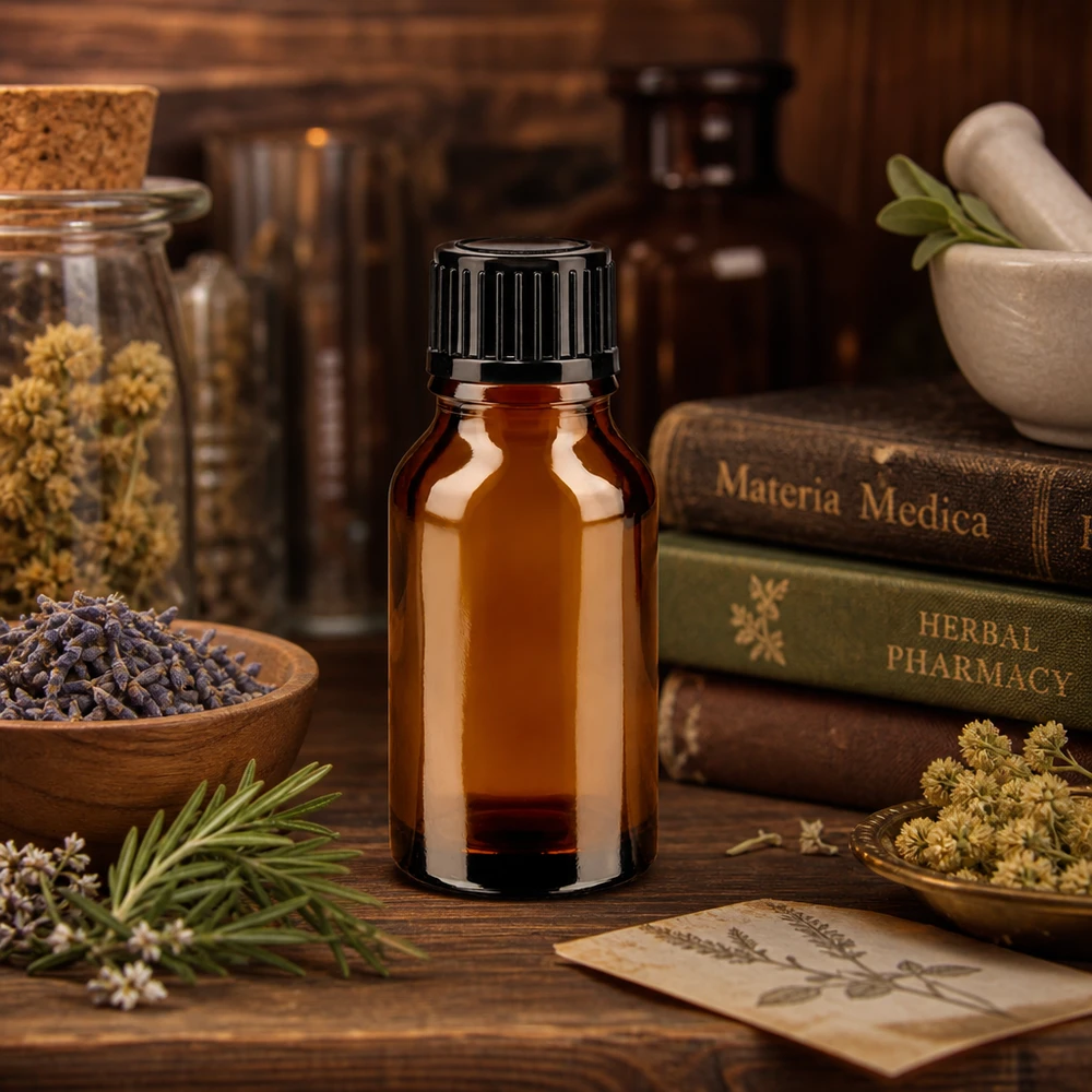 Flacon de pharmacie de 15 ml en verre ambré avec bouchon à vis noir, entre les herbiers et la Materia Medica