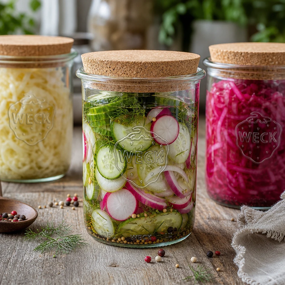 WECK Pot renversé 1000ml RR100 avec couvercle en liège Set de bocaux Concombres marinés Choucroute Radis Bocaux de conservation