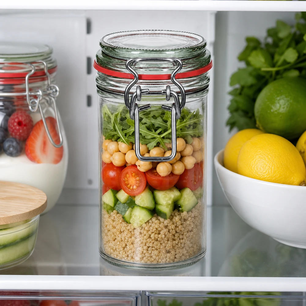 Pot à provisions 272ml avec fermeture à étrier rempli de salade quinoa pois chiches tomates concombres au réfrigérateur