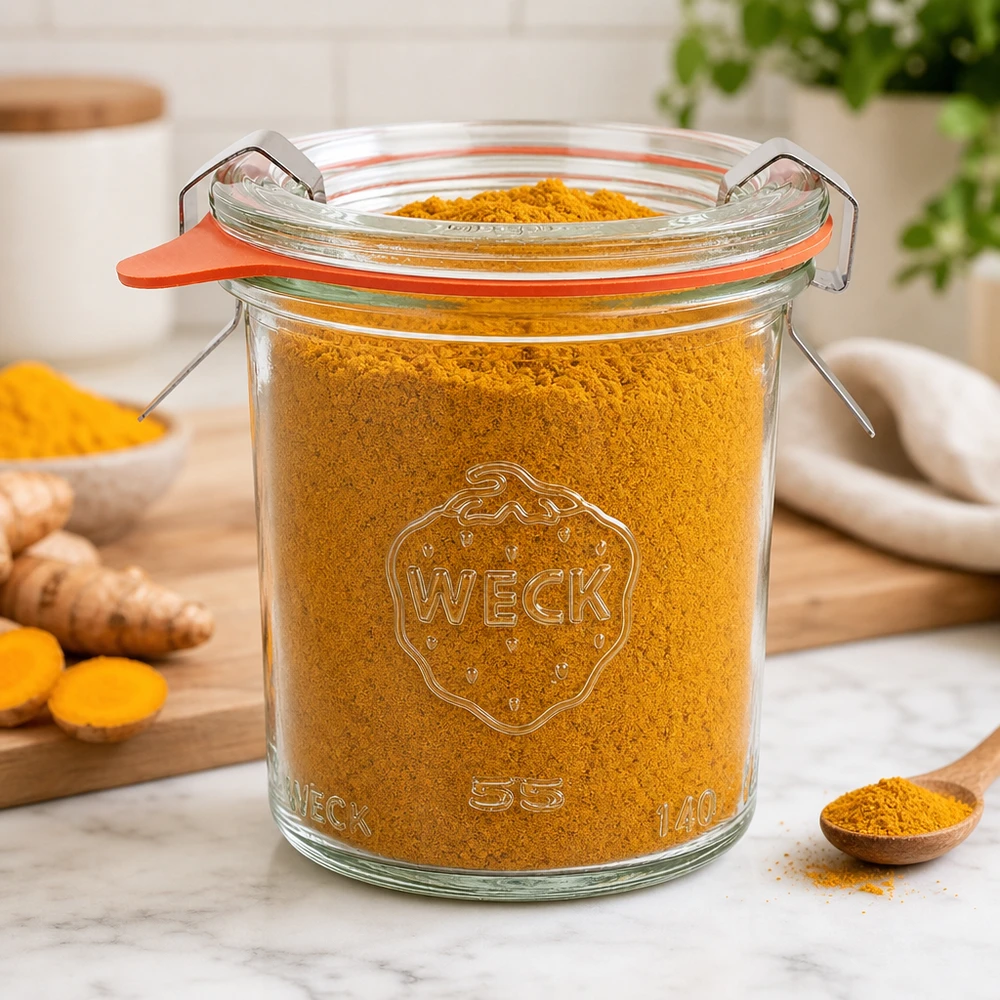 140ml bocal conique complet WECK RR60 WECK Sturzglas 140ml RR60 mit Kurkuma-Pulver gefüllt in moderner Küche zeigt Vielseitigkeit für Gewürzaufbewahrung
