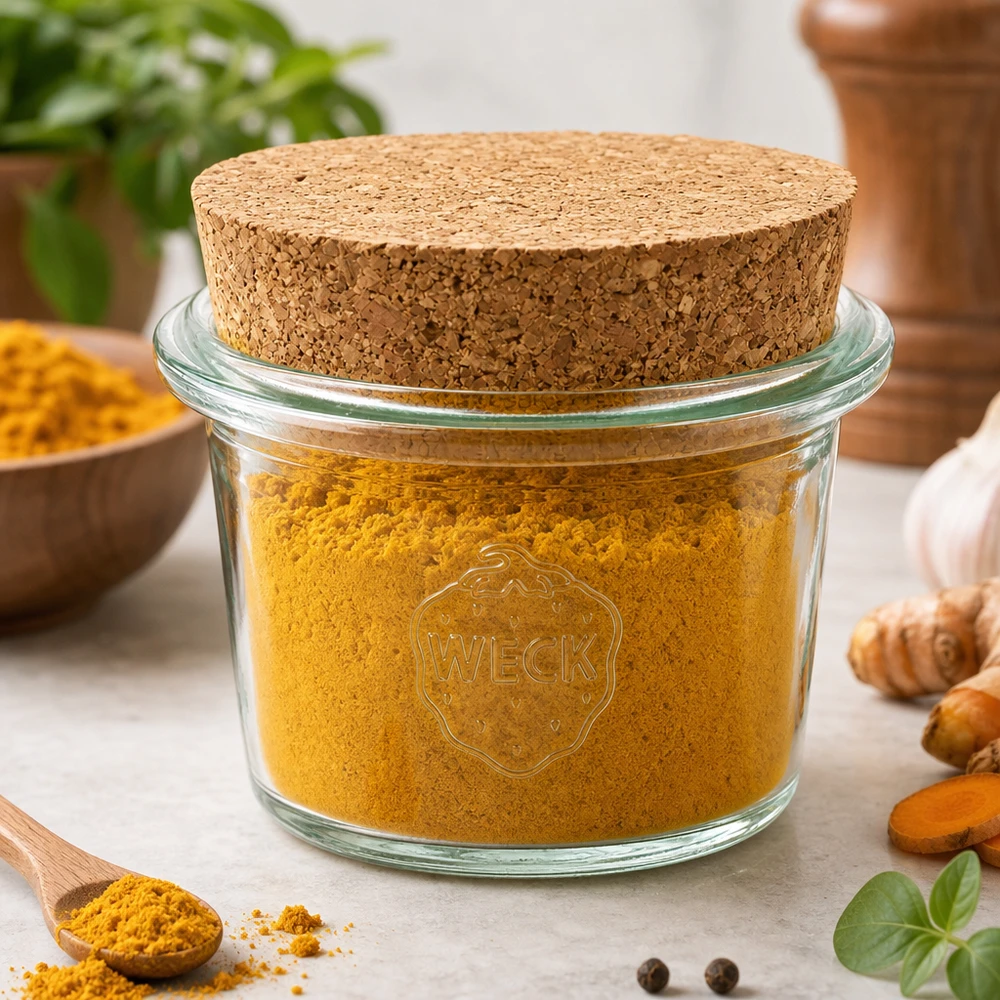 35ml bocal conique WECK RR40 avec bouchon nature WECK Pot renversé RR40 35ml avec bouchon rempli de poudre d'épices de curcuma entourée d'épices et d'herbes fraîches