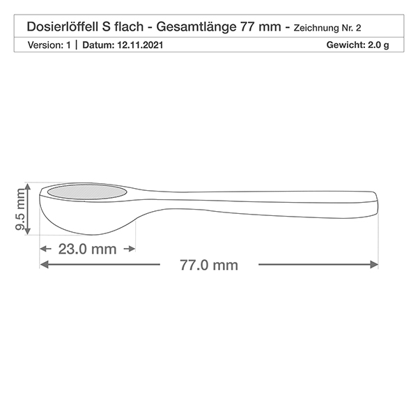 Dessin technique Pelle en bois S plate 77mm Longueur totale Dimensions Poids 2g Spécification du produit