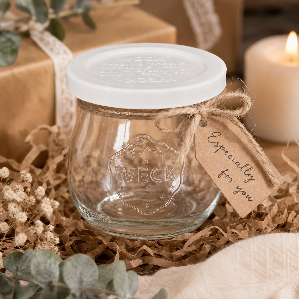 WECK Pot tulipe 75ml RR40 comme cadeau emballé de manière décorative avec un pendentif en papier kraft et un ruban de jute sur bois