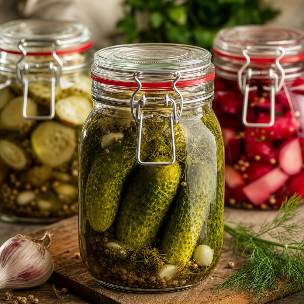 Bocal de conservation de 1 140 ml, type G, avec bouchon à clip UN.. Bocal hermétique de 1140 ml avec fermeture à étrier, parfait pour la mise en conserve des cornichons et des légumes.
