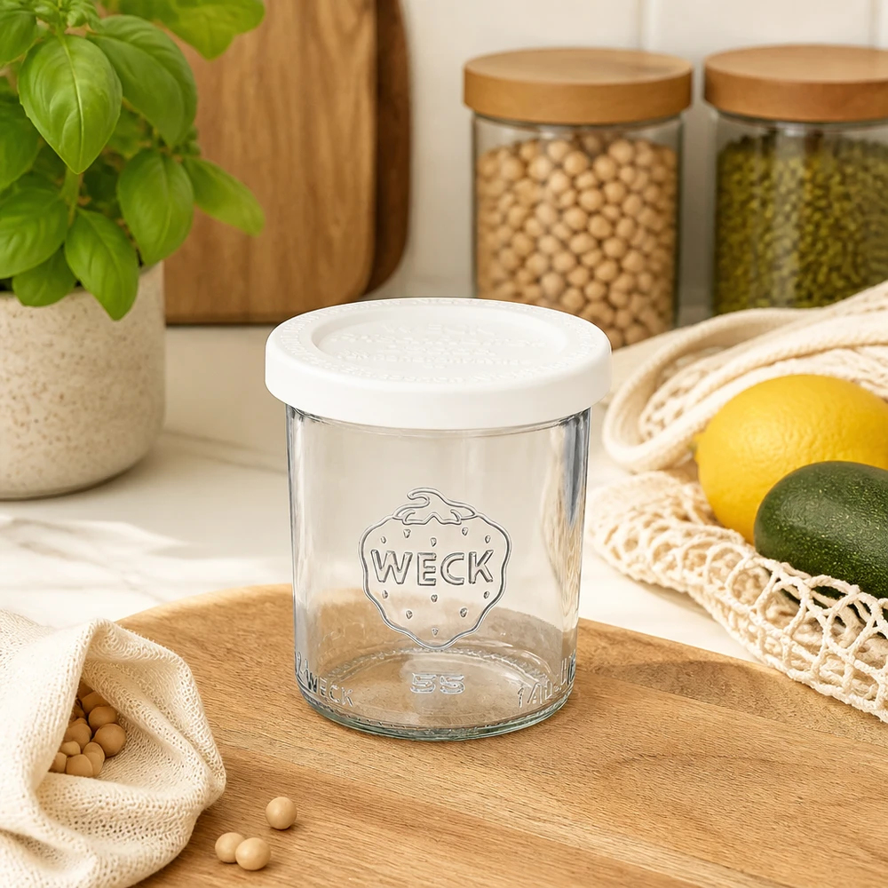 WECK Pot de 140ml RR60 vide avec couvercle fraîcheur dans la cuisine moderne à côté des bocaux à provisions et des fruits frais