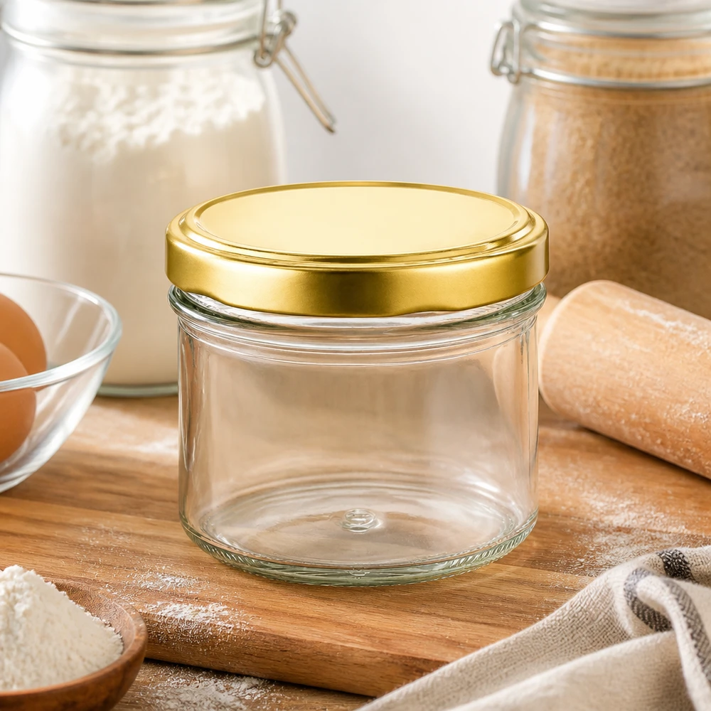225ml Verre plongeant UNiTWIST BasicSeal or vide sur planche en bois avec farine et ingrédients de cuisson dans une cuisine moderne