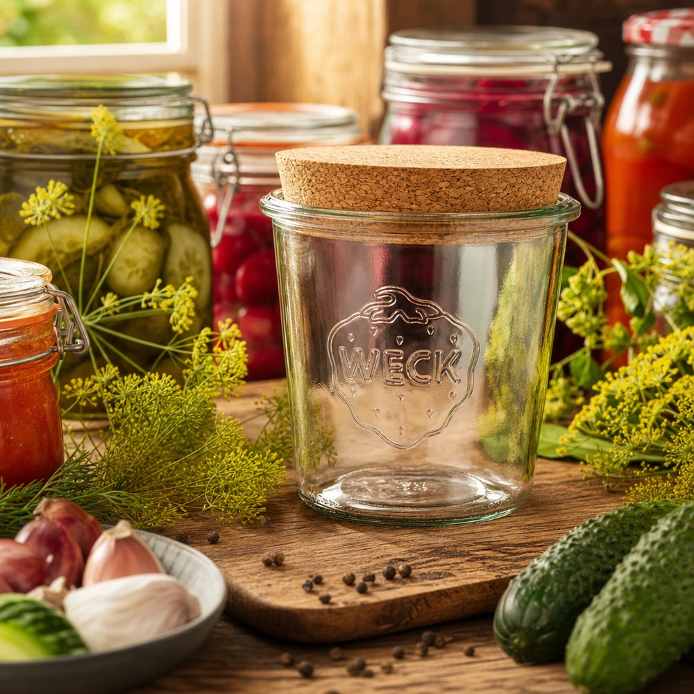 WECK Pot de conservation 580ml RR100 Couvercle en liège décoré dans une cuisine rustique avec des épices des cornichons et des accessoires de conservation