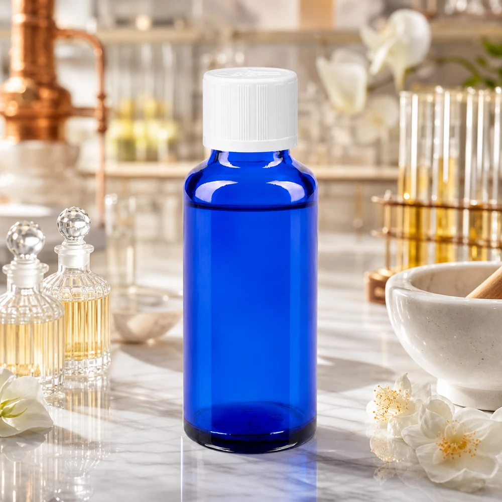Flacon à pharmacie bleu 30ml bouchon anti-goutte blanc séc. enf. std Flacon de laboratoire bleu de 30 ml muni d'un bouchon de sécurité blanc pour enfants, dans un laboratoire de parfumerie équipé d'un alambic