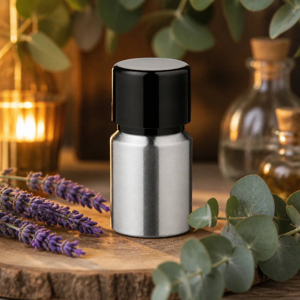 Bouteille en aluminium poncé 10 ml, avec bouchon à vis noir et joint conique Flacon réutilisable en aluminium de 10ml avec un aspect poli élégant pour les cosmétiques DIY