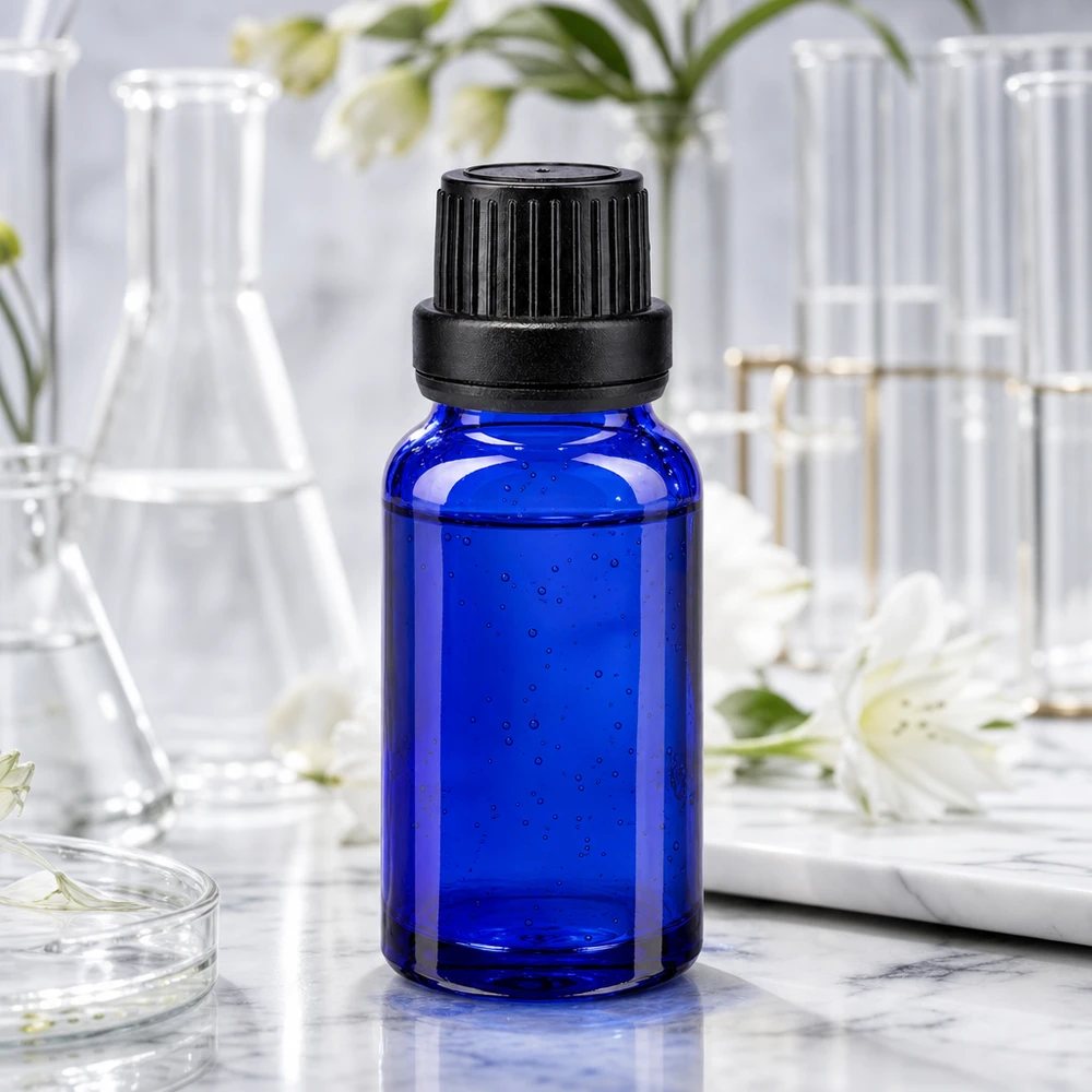 Flacon pharmaceutique de 10 ml, de couleur bleu cobalt, muni d'un bouchon OV à sécurité enfants et d'un compte-gouttes de précision de 2 mm