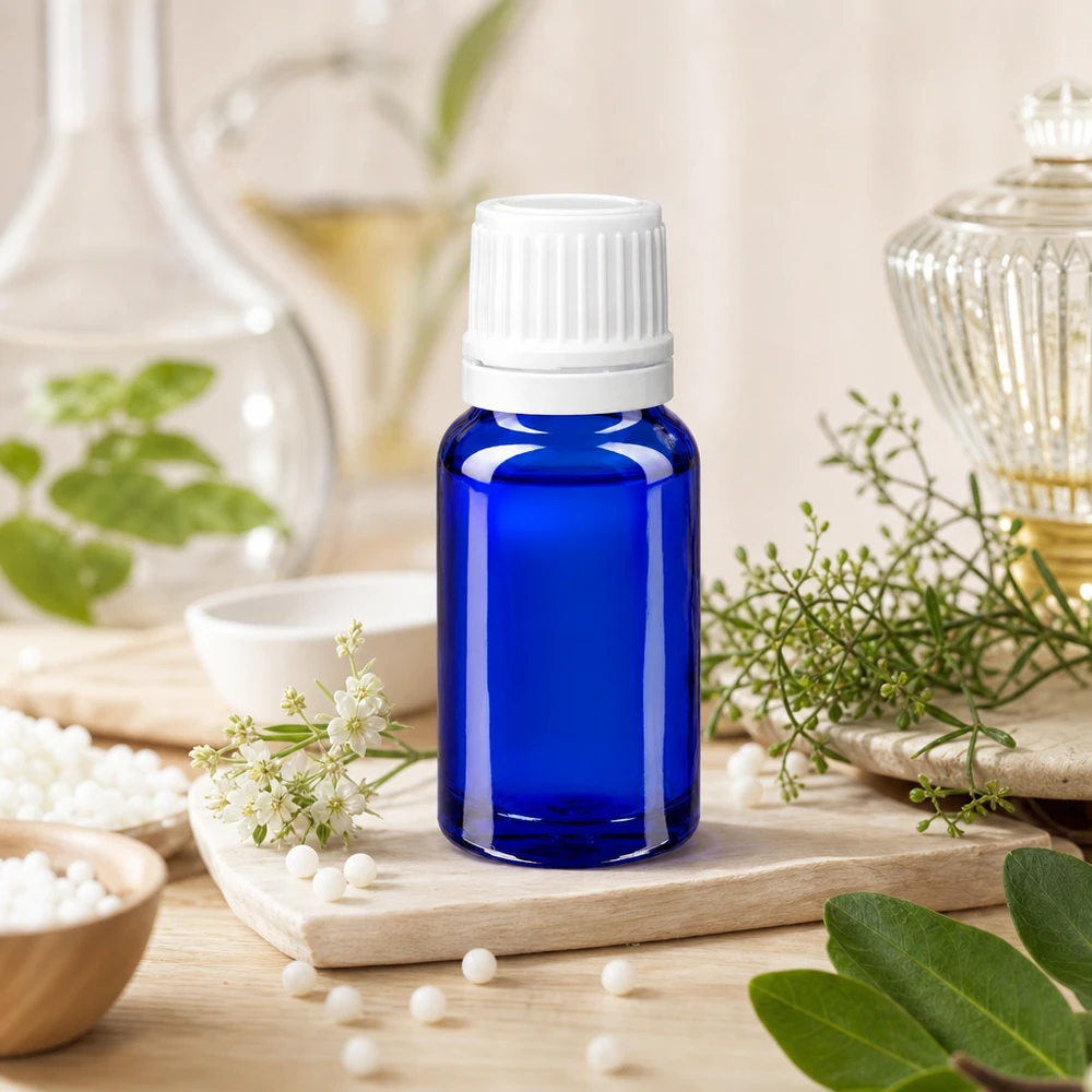 Flacon compte-gouttes ApoGlas bleu de 10 ml avec bouchon de sécurité enfant blanc, parmi les plantes médicinales