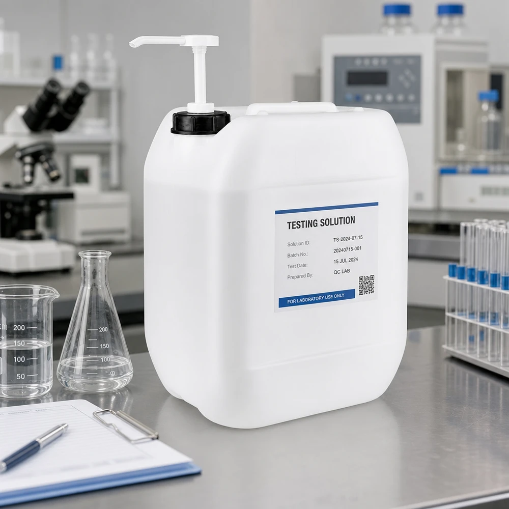 Jerrican de 10 litres avec pompe doseuse Bidon blanc de 10 litres muni d'une pompe, posé sur une table en acier inoxydable à côté d'un ballon d'Erlenmeyer dans un laboratoire