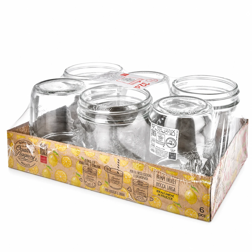 Bormioli Rocco Quattro Stagioni Lot de 6 bocaux en verre dans un emballage de vente avec un graphisme jaune d'agrumes
