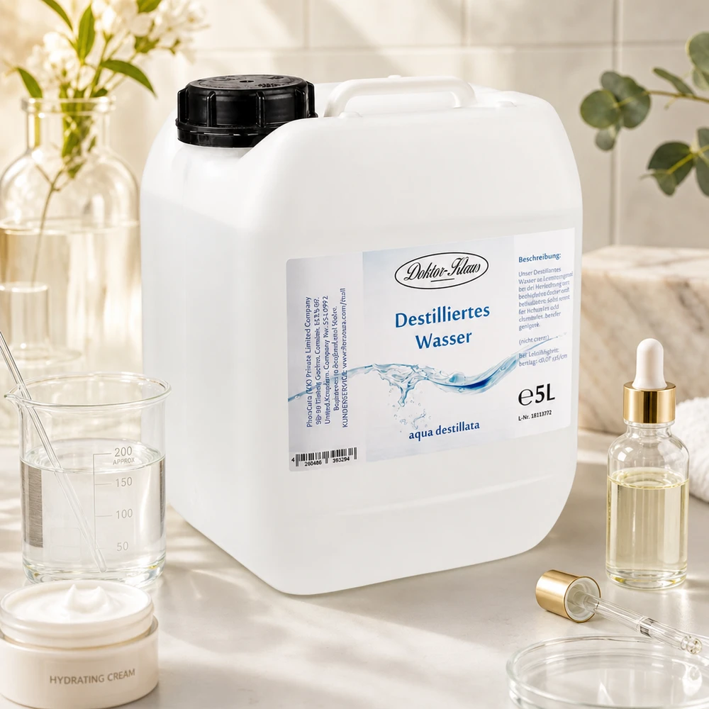 Eau distillée Doktor Klaus - Aqua dest 5 litres en jerrican premium teinte naturelle Eau distillée Doktor-Klaus bidon de 5L en environnement de laboratoire cosmétique avec verrerie et pipettes