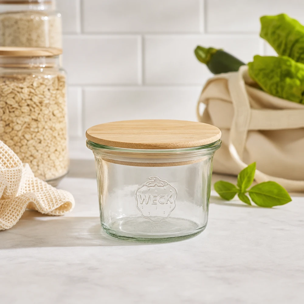 Mini bocal en verre renversé de 35 ml WECK RR40 avec couvercle en bois WECK Mini pot renversé 35ml RR40 avec couvercle en bois de bambou dans une cuisine durable avec des bocaux à provisions et des plantes vertes