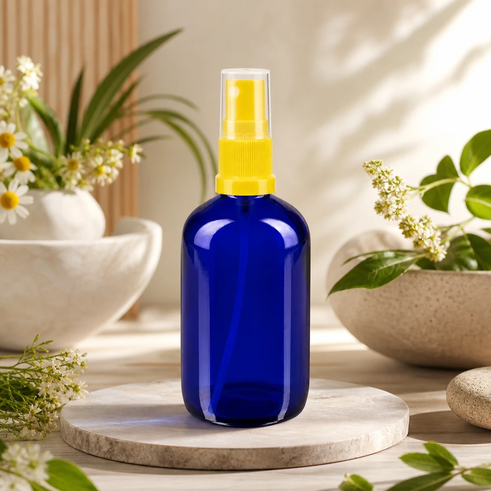 Flacon de pharmacie bleu 100ml embout spray jaune Flacon en verre bleu de 100 ml avec vaporisateur jaune. Protection contre les UV grâce au verre au cobalt, destiné aux huiles essentielles