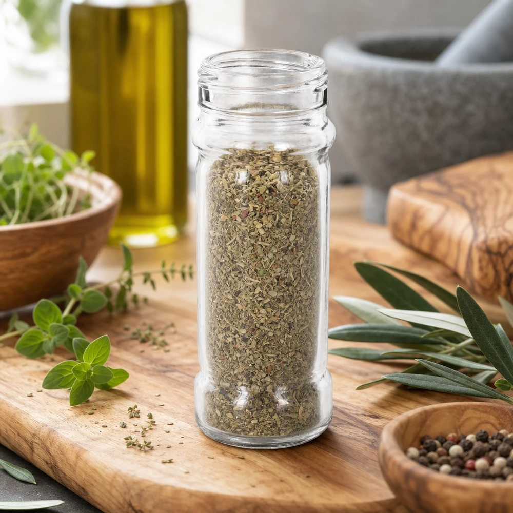 Pot à épices « Mary » de 100 ml rempli d'herbes séchées, présenté sur une planchette en bois avec de l'huile d'olive