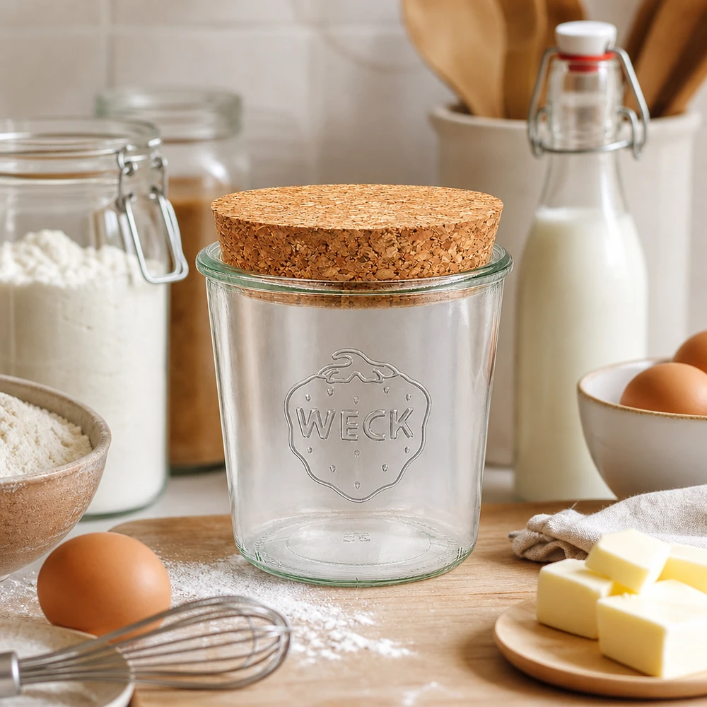 580ml bocal conique WECK RR100 avec bouchon nature WECK Verre renversé 580ml RR100 avec bouchon en liège naturel, placé dans la cuisine entre la farine, les œufs, le beurre et le lait pour la cuisson.