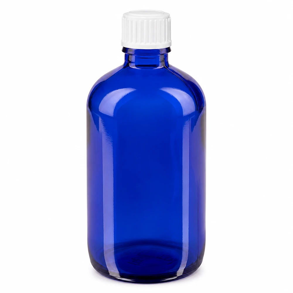 Flacon de pharmacie bleu 100ml bouchon vissable blanc standart Flacon de pharmacie en verre bleu de 100 ml avec bouchon à vis blanc standard de 11 mm