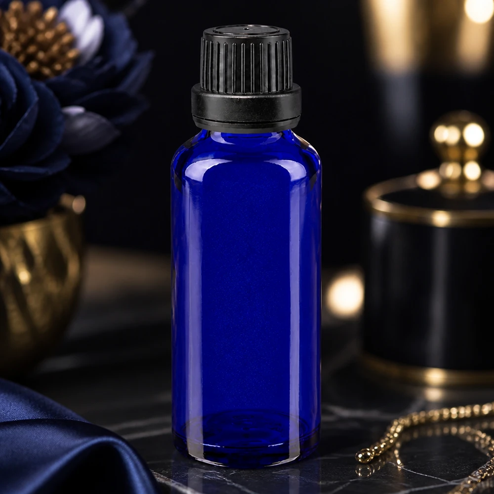Élégant flacon de pharmacie de 30 ml, bleu cobalt, avec bouchon à vis noir de 11 mm à sécurité enfant