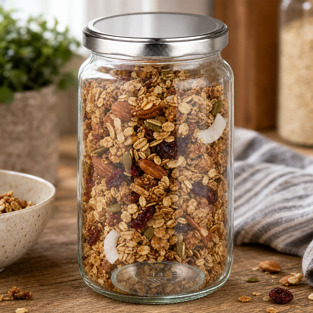 bocal rond de 795 ml rempli de céréales et de noix montre une utilisation pratique comme bocal de stockage pour les aliments