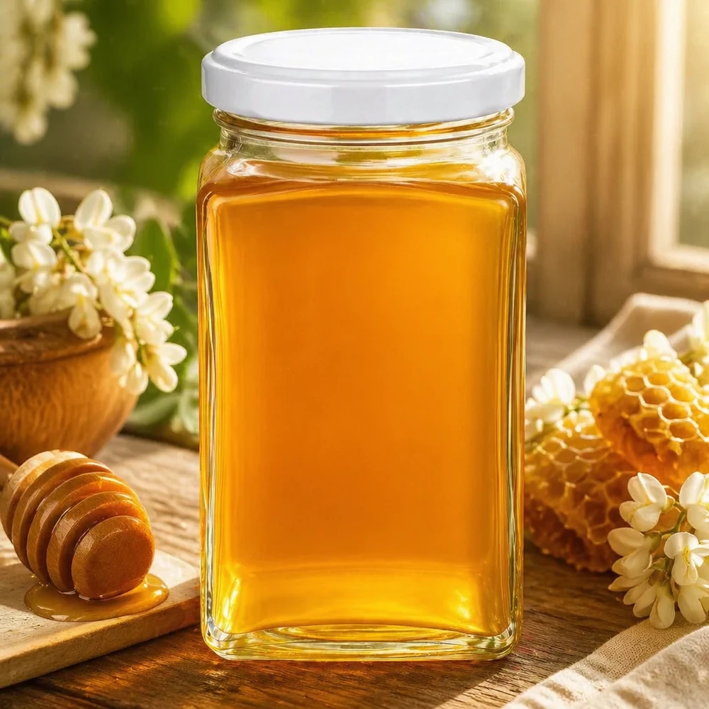Tétralogue de 260 ml avec couvercle blanc rempli de miel jaune doré à côté des rayons et cuillère en bois décoration naturelle